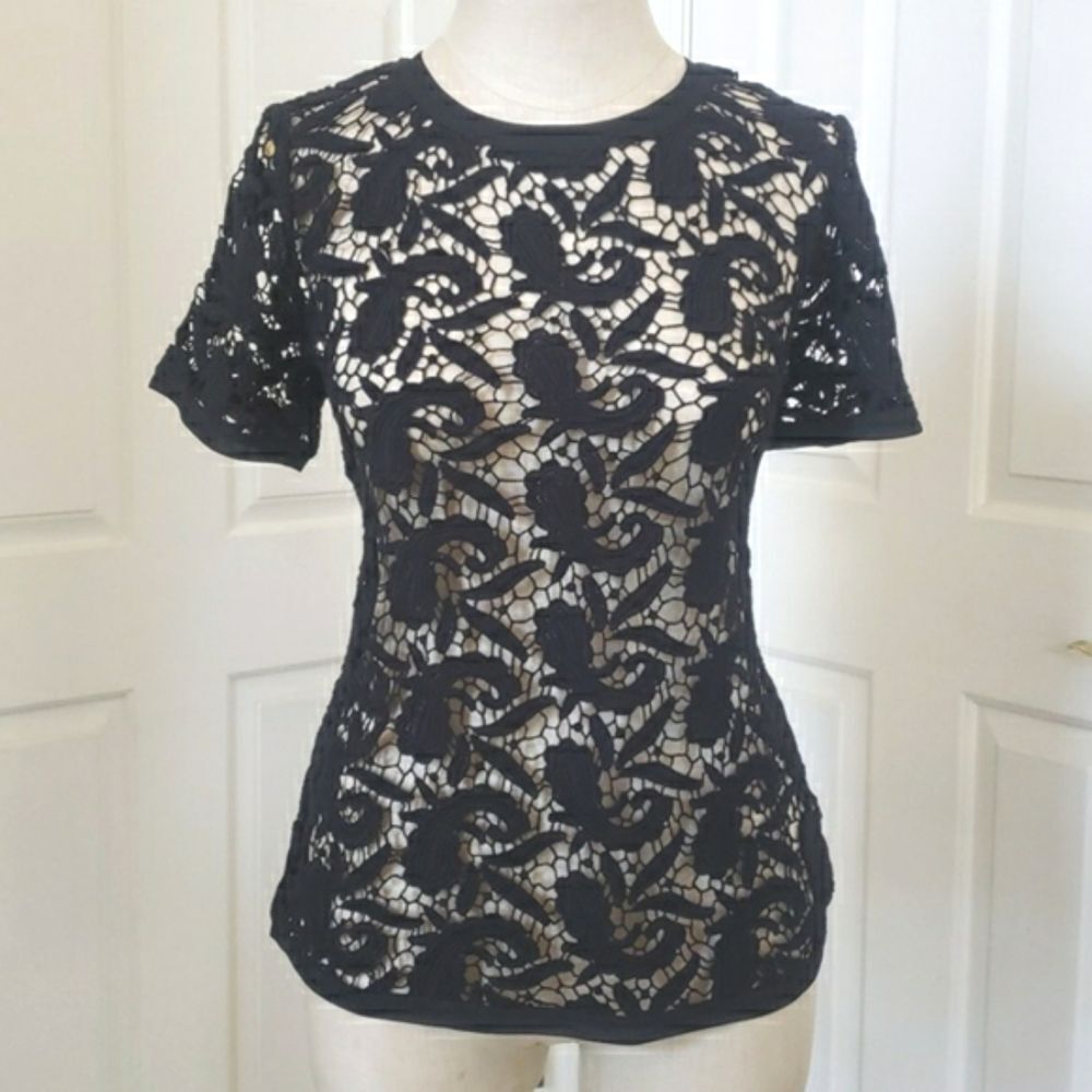 LOFT Black Crochet Lace Sheer Top Short Sleeve Keyhole Petite Medium PM - Picture 2 of 12